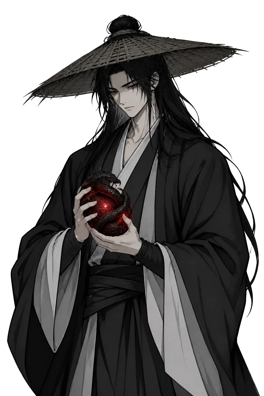 The Bored Daoist holding a glowing crimson serpent-heart relic