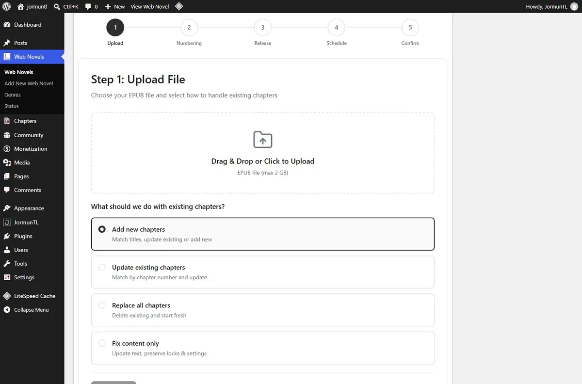 The EPUB import wizard: upload, numbering, release, schedule and confirm