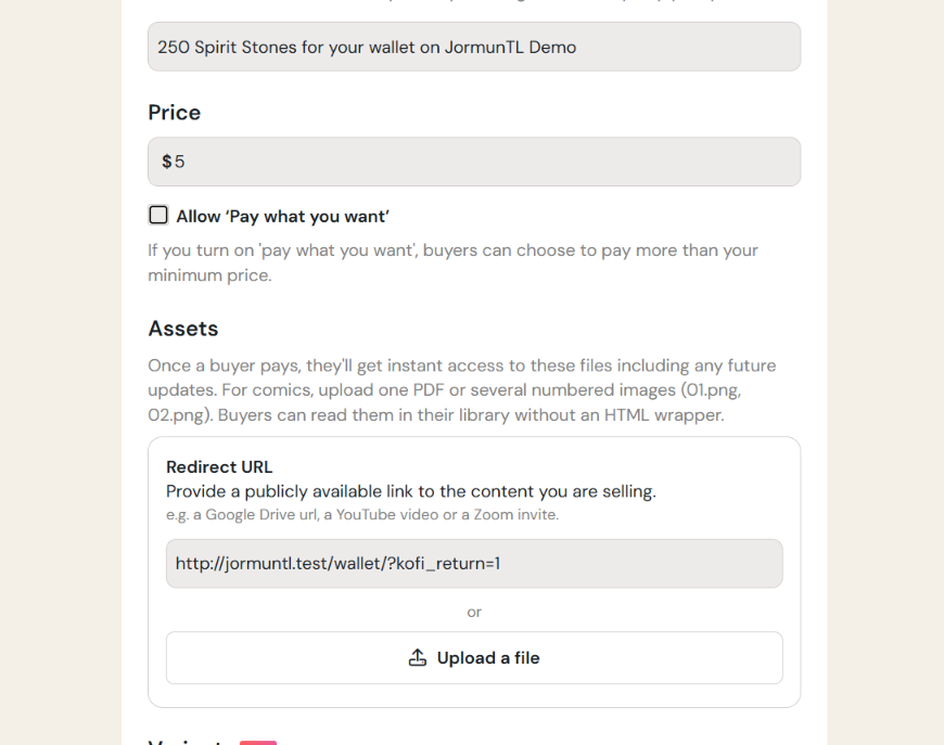 Summary, price with "Pay what you want" unticked, and the Redirect URL holding the wallet address copied from the Ko-fi card