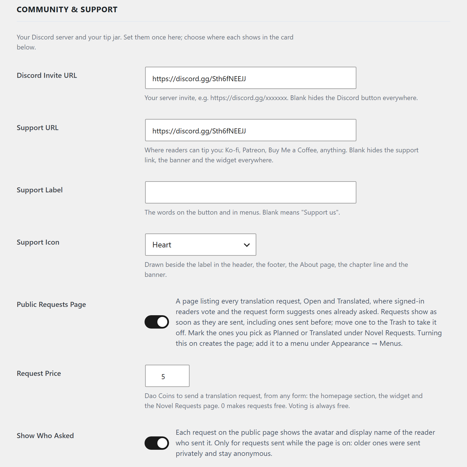 The Community & Support card in Theme Options, with the Discord invite and support link